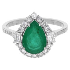 Bague en or blanc 14 carats avec diamants et émeraude de Zambie, faite à la main