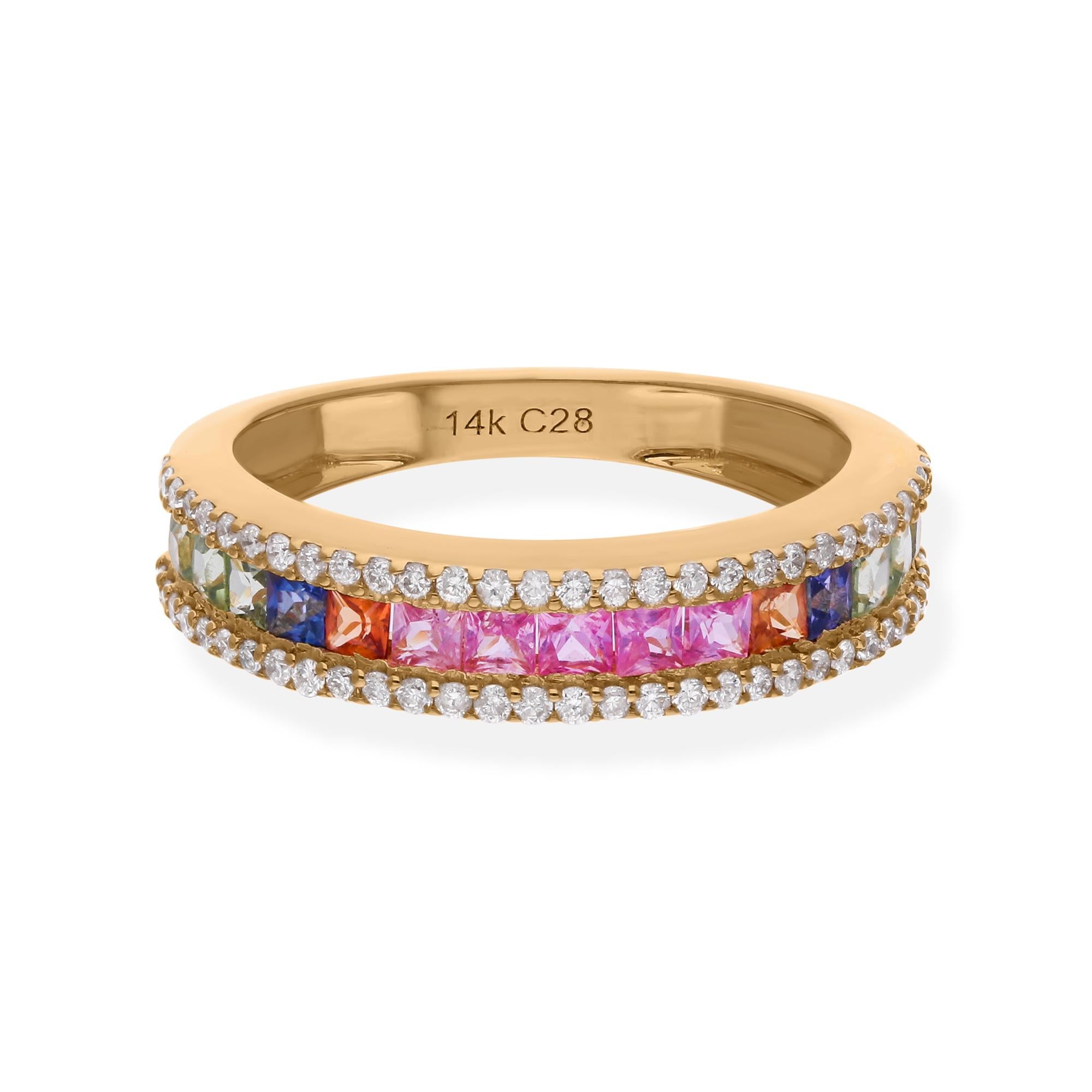 0.92 Carat Princesse Cut Multi Sapphire Ring 0.37 Ct SI/H Diamond 14k Yellow Gold