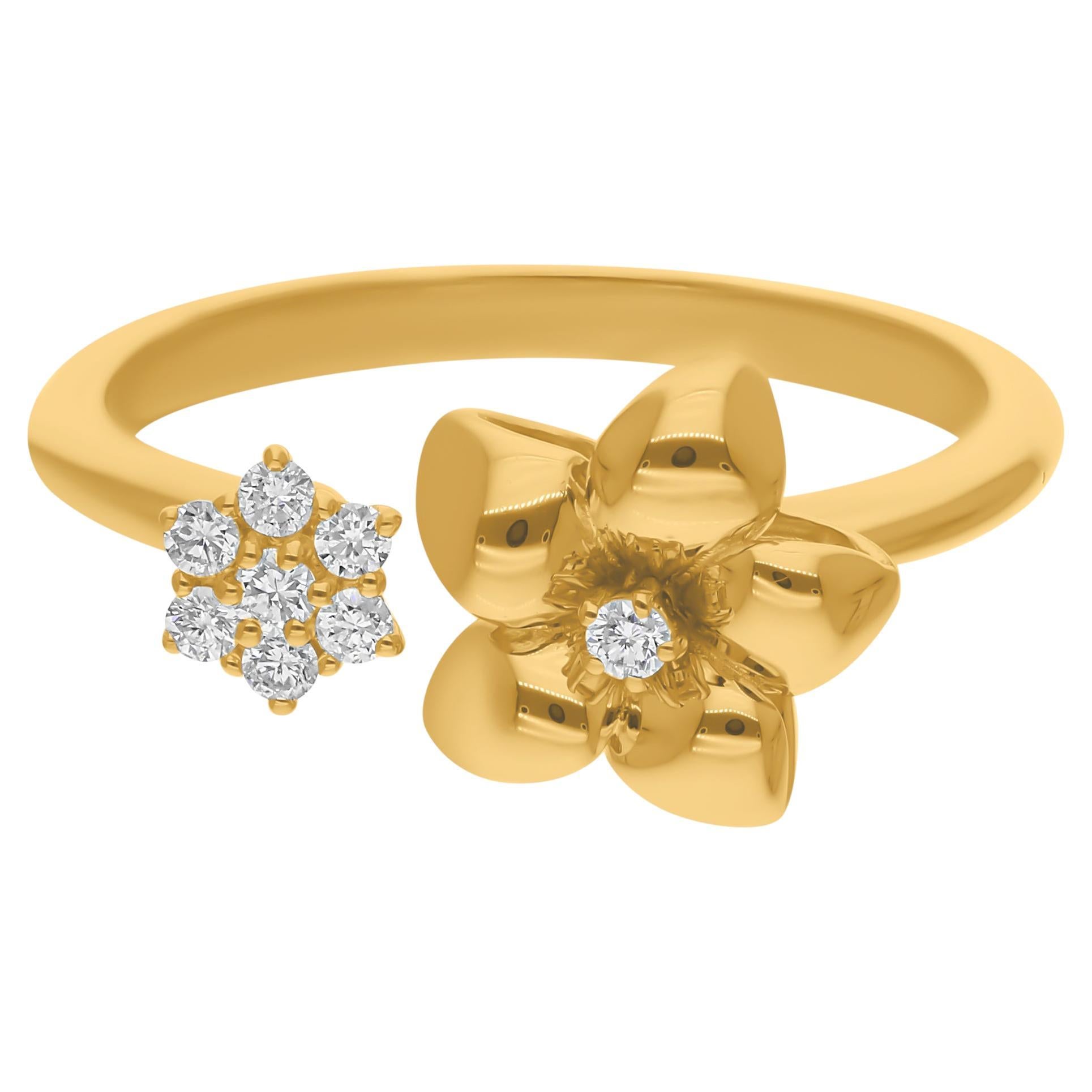 Bague manchette fleur en or jaune 14 carats avec diamants ronds 0,12 carat SI/H