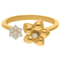 Bague manchette fleur en or jaune 14 carats avec diamants ronds 0,12 carat SI/H