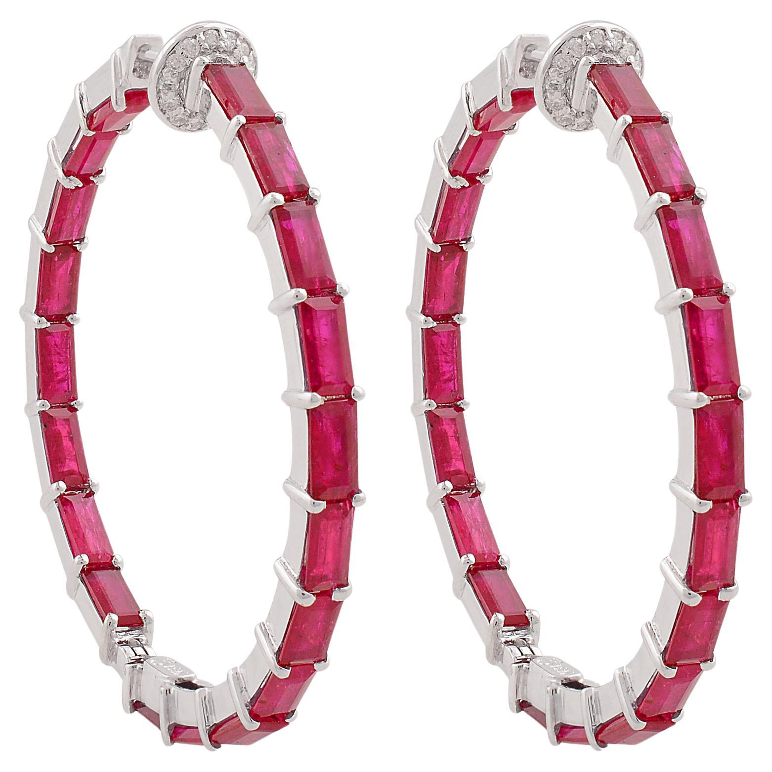 Orecchini a cerchio con pietra preziosa Baguette Rubino Oro bianco massiccio 18 carati Diamante Gioielli di pregio