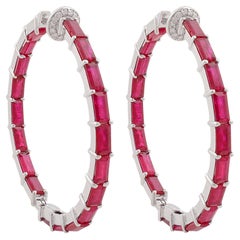 Orecchini a cerchio con pietra preziosa Baguette Rubino Oro bianco massiccio 18 carati Diamante Gioielli di pregio