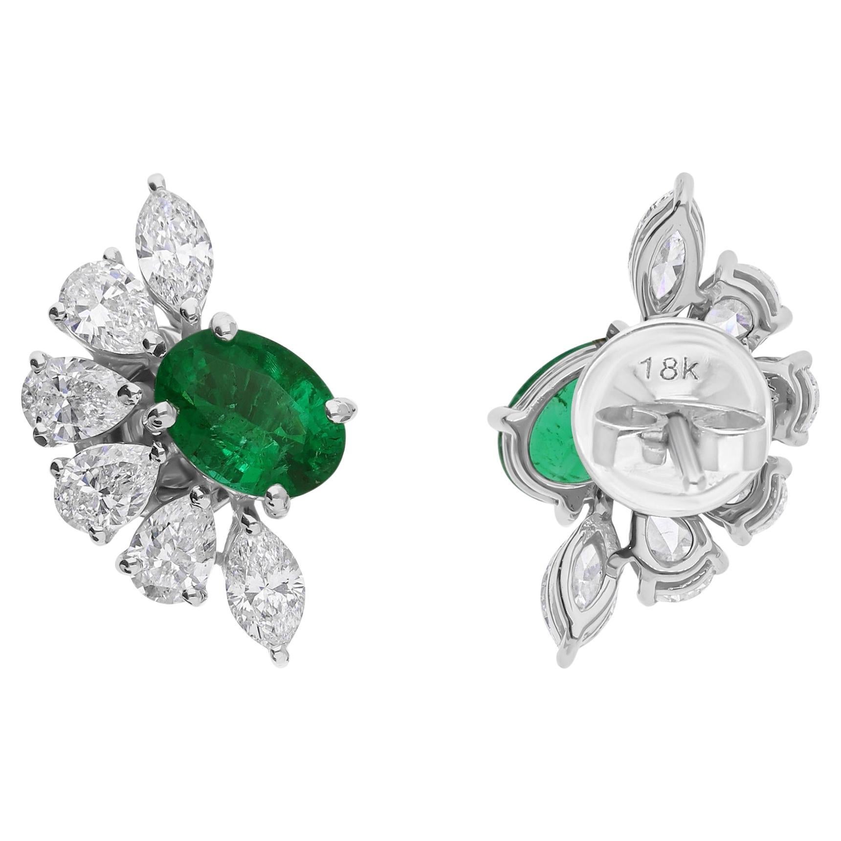 1.47 Carat Zambian Emerald 1.63 Carat SI/H Diamond Earrings 18 Karat White Gold