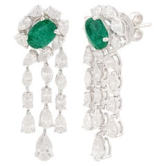1.65 Carat Oval Emerald Chandelier Earrings 3.45 Carat Diamond 18k White Gold