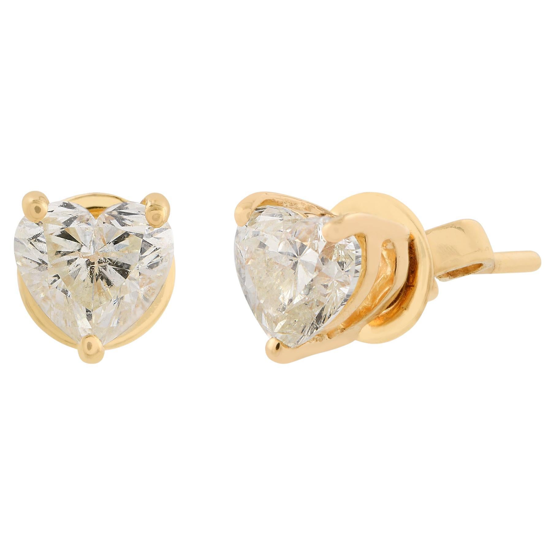 1.01 Carat SI Clarity HI Color Heart Diamond Stud Earrings 18 Karat Yellow Gold For Sale