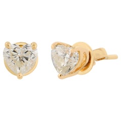 1.01 Carat SI Clarity HI Color Heart Diamond Stud Earrings 18 Karat Yellow Gold