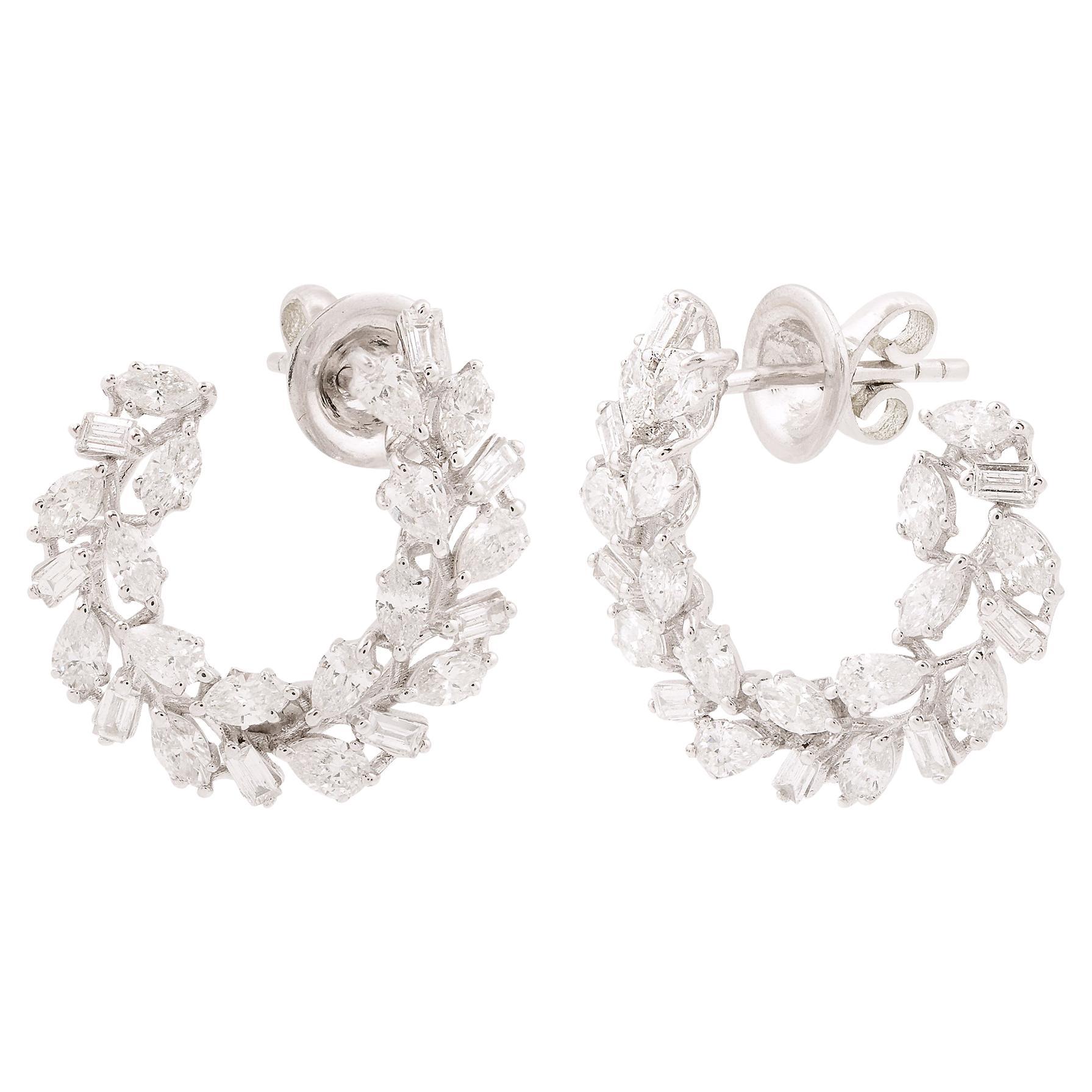 Real 2.50 Carat SI/H Marquise Baguette Diamond Hoop Earrings 10 Karat White Gold