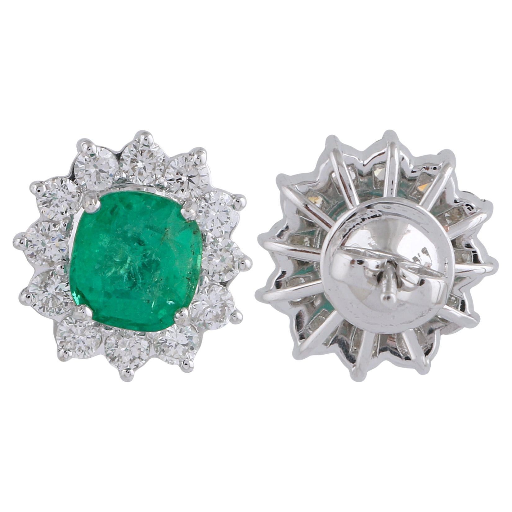 Real 2.55 Carat Emerald Gemstone Earrings 1.30 Carat Diamond 18 Karat White Gold
