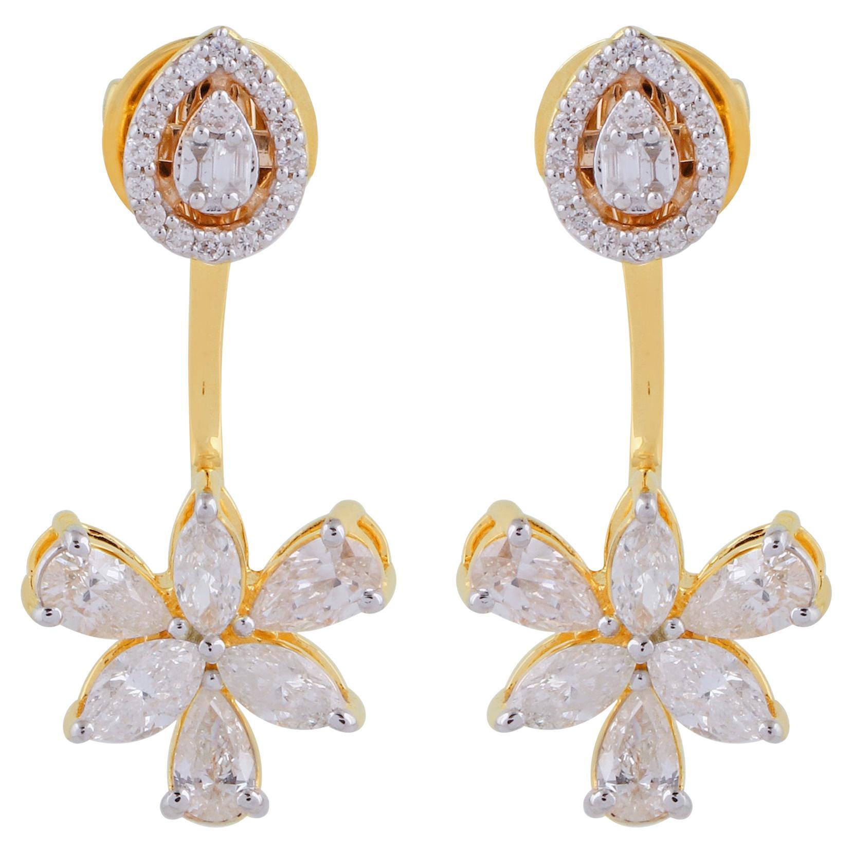 1.95 Carat SI/HI Boucles d
oreilles poire et diamant baguette en or jaune 18 carats