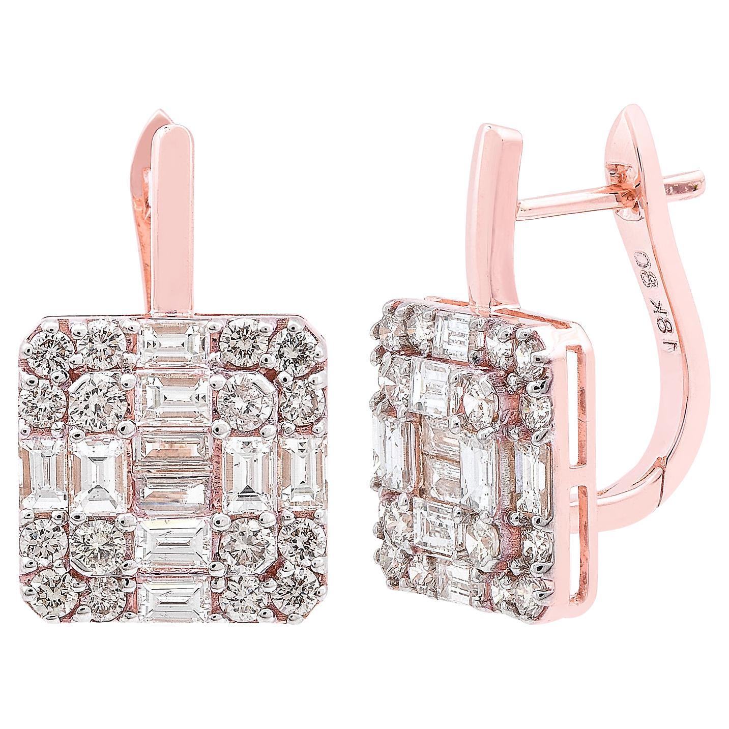2.10 Carat Baguette Diamond Square Stud Earrings Solid 18k Rose Gold Jewelry For Sale