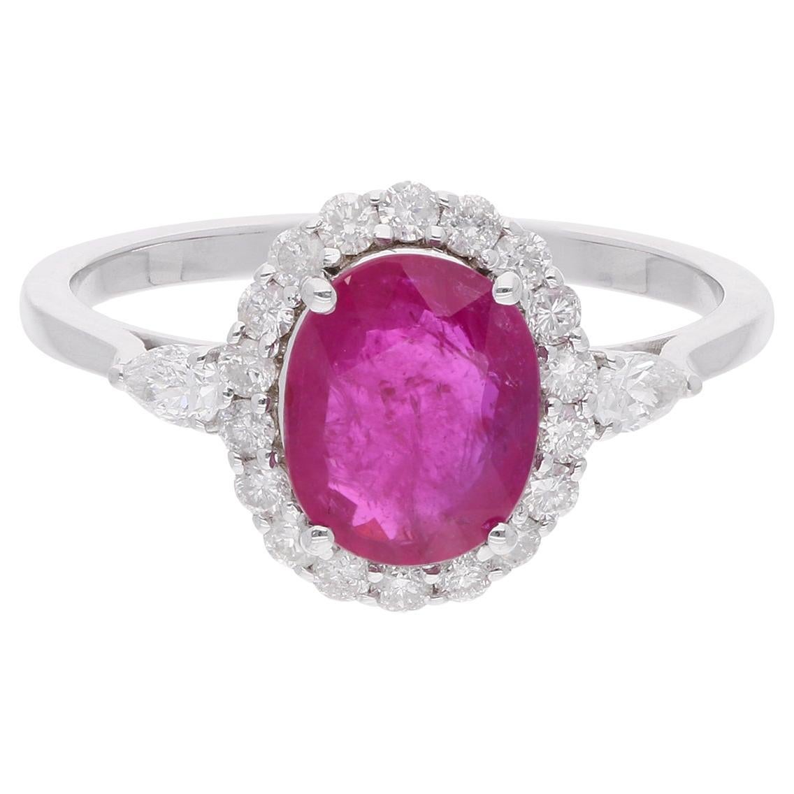Anello di rubino naturale ovale con diamante Gioielli fatti a mano in oro bianco 18 carati