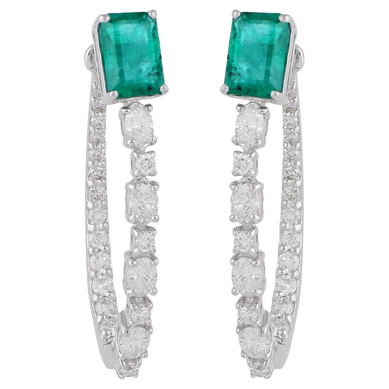 Certified Emerald Diamond Inside Out Hoop Earrings in 18k White Gold for Her