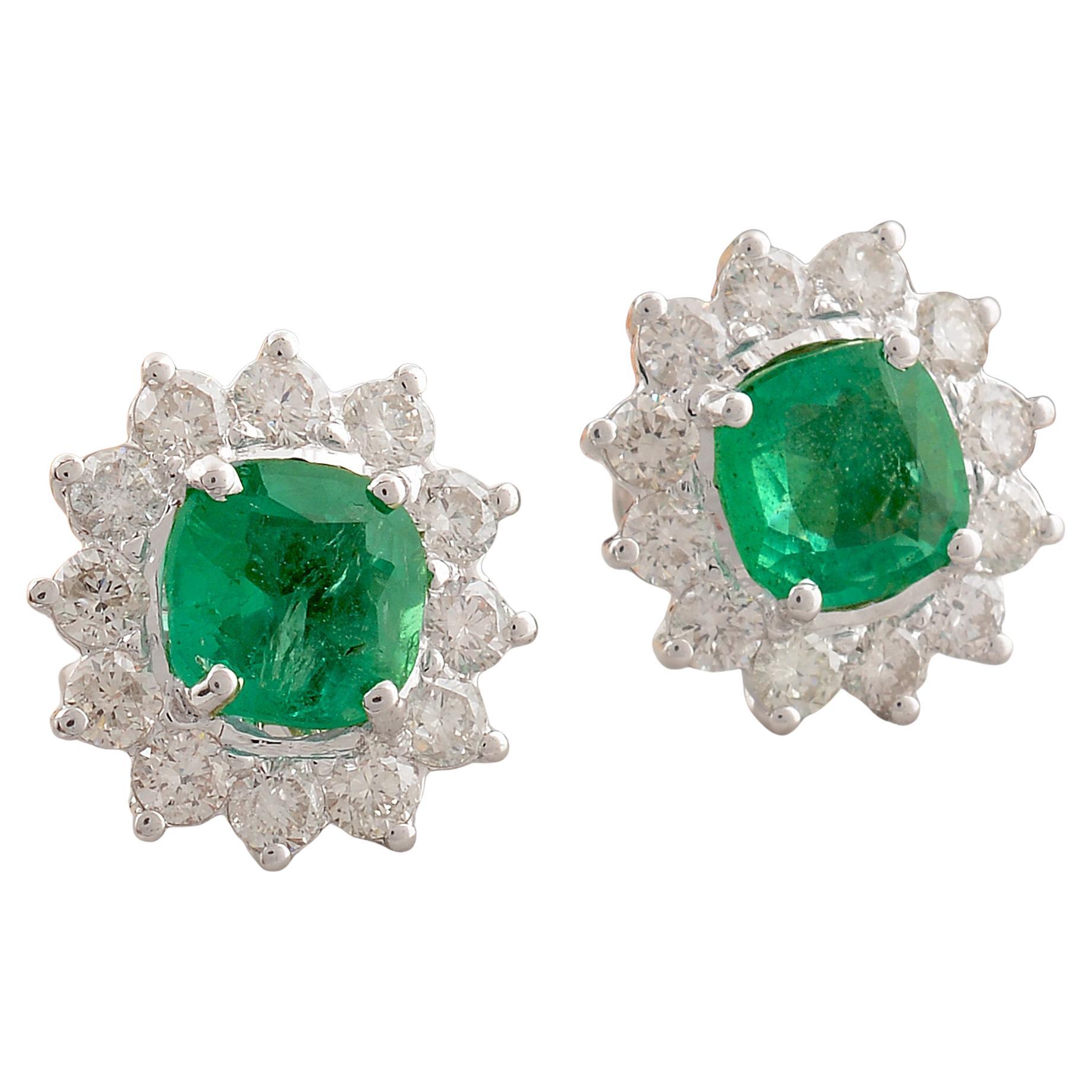 Pendientes de esmeralda natural con halo de diamantes Oro blanco 14k Regalo de boda