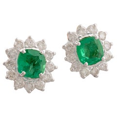 Natural Cushion Emerald Halo Diamond Stud Earrings 14 Karat White Gold
