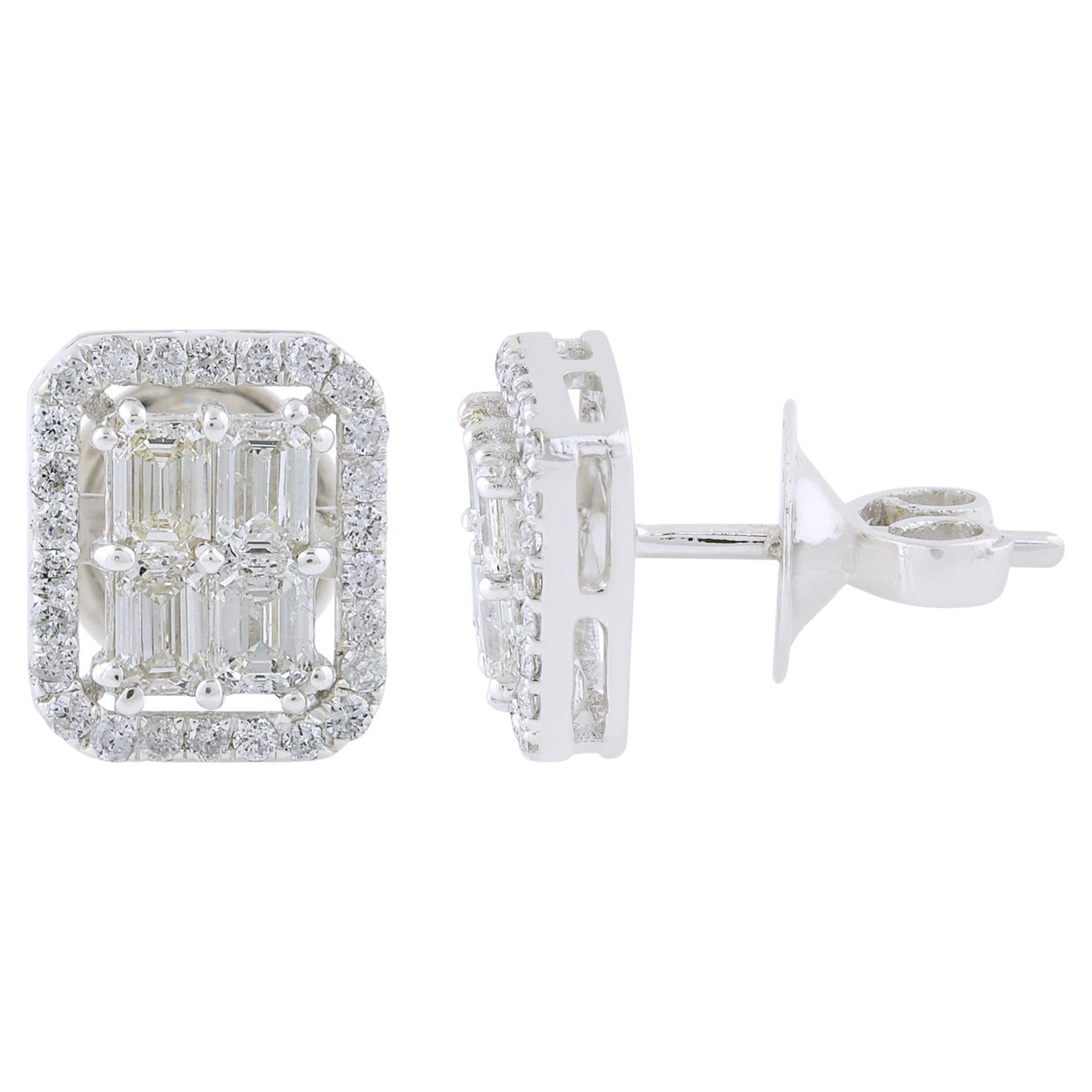 SI Clarity HI Color Emerald Cut Diamond Halo Stud Earrings 18k White Gold