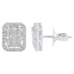 SI Clarity HI Color Emerald Cut Diamond Halo Stud Earrings 18k White Gold