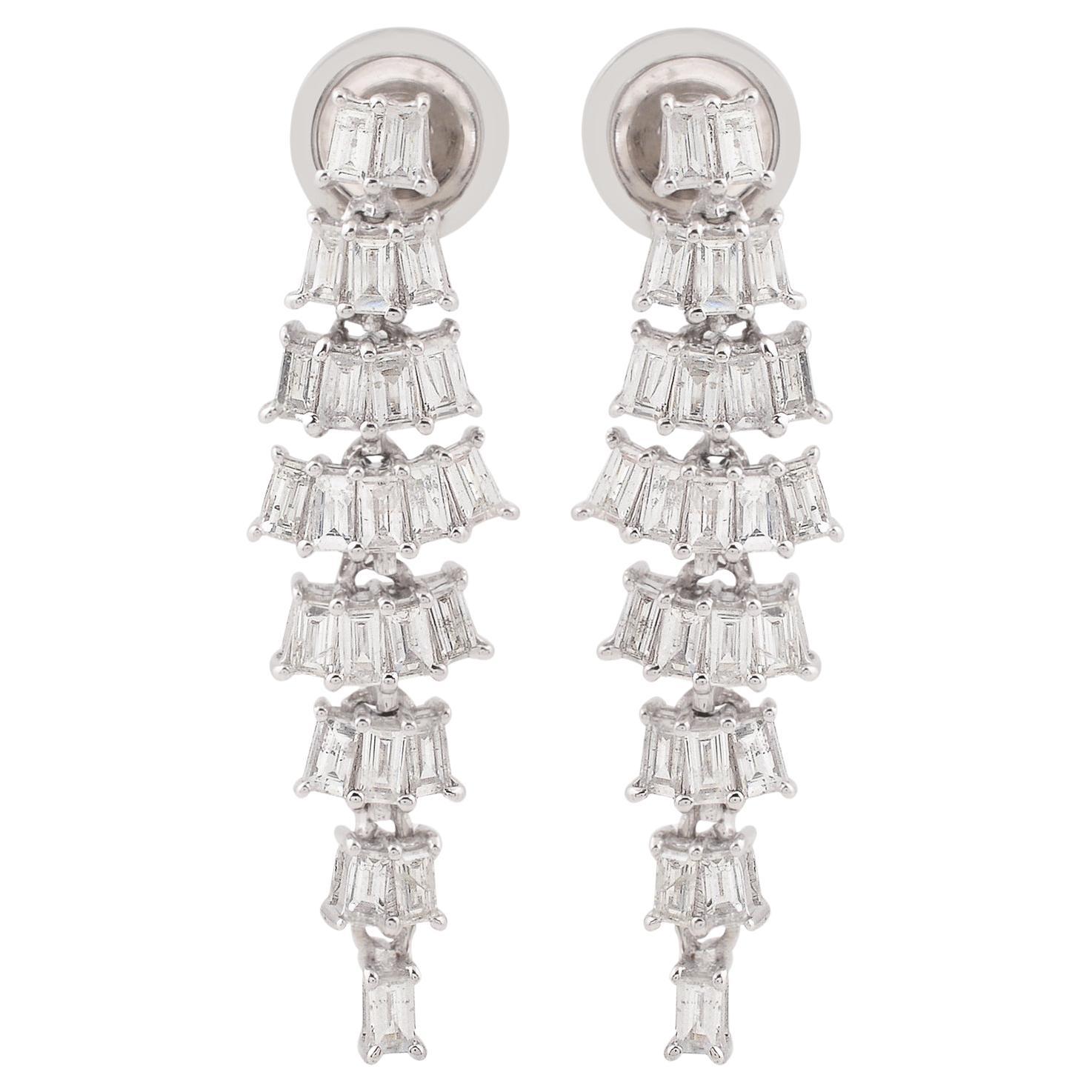 1.35cts SI Clarity HI Color Baguette Diamond Long Dangle Earrings 18k White Gold