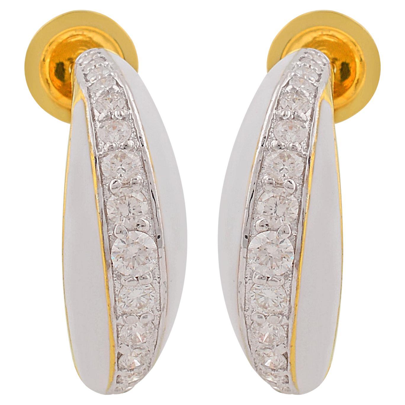 1.03 Carat SI/HI Diamond Enamel c-Hoop Earrings 18 Karat Solid Yellow Gold For Sale