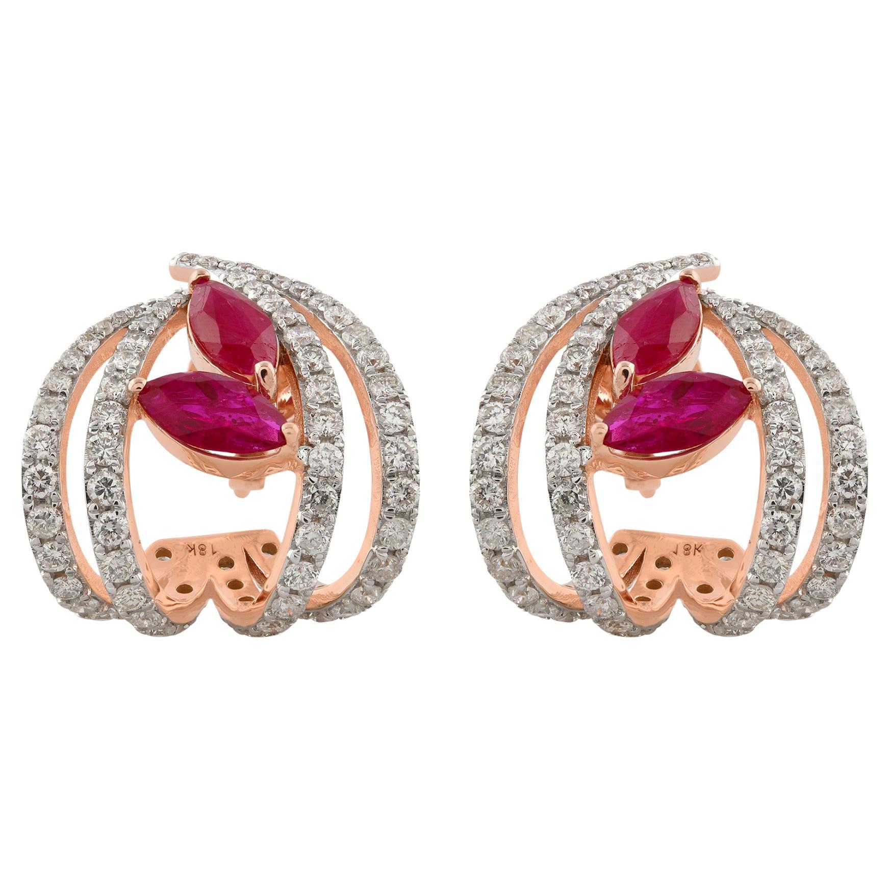Marquise Ruby Natural SI/H Diamond Huggie Stud Earrings Gift 18k Rose Gold For Sale