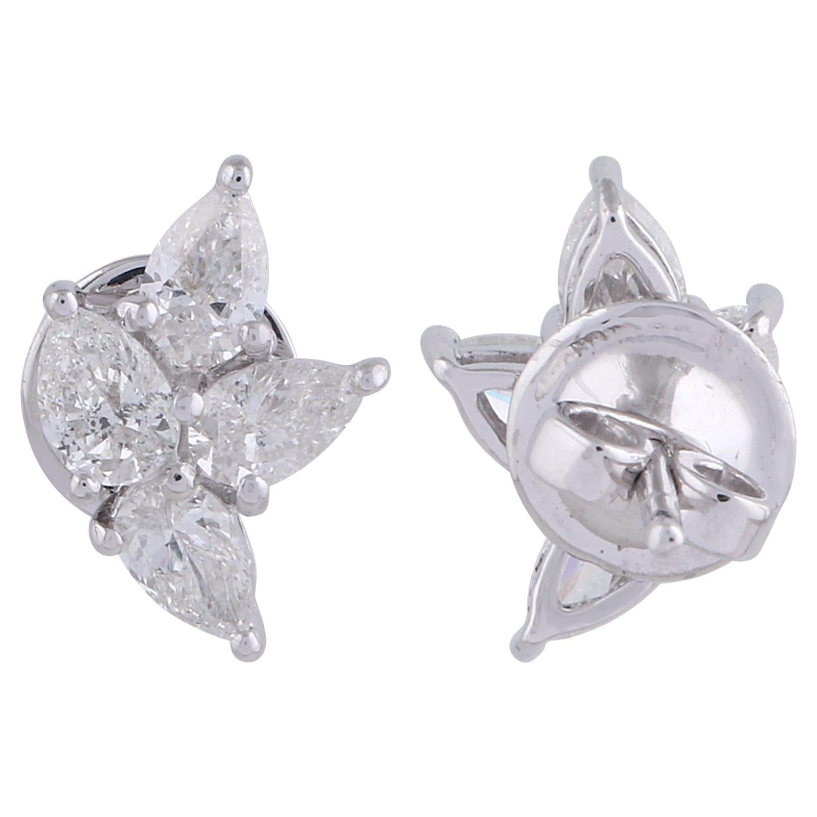 1.5 CTW SI Clarity HI Color Diamond Cluster Stud Earrings 18 Karat White Gold For Sale