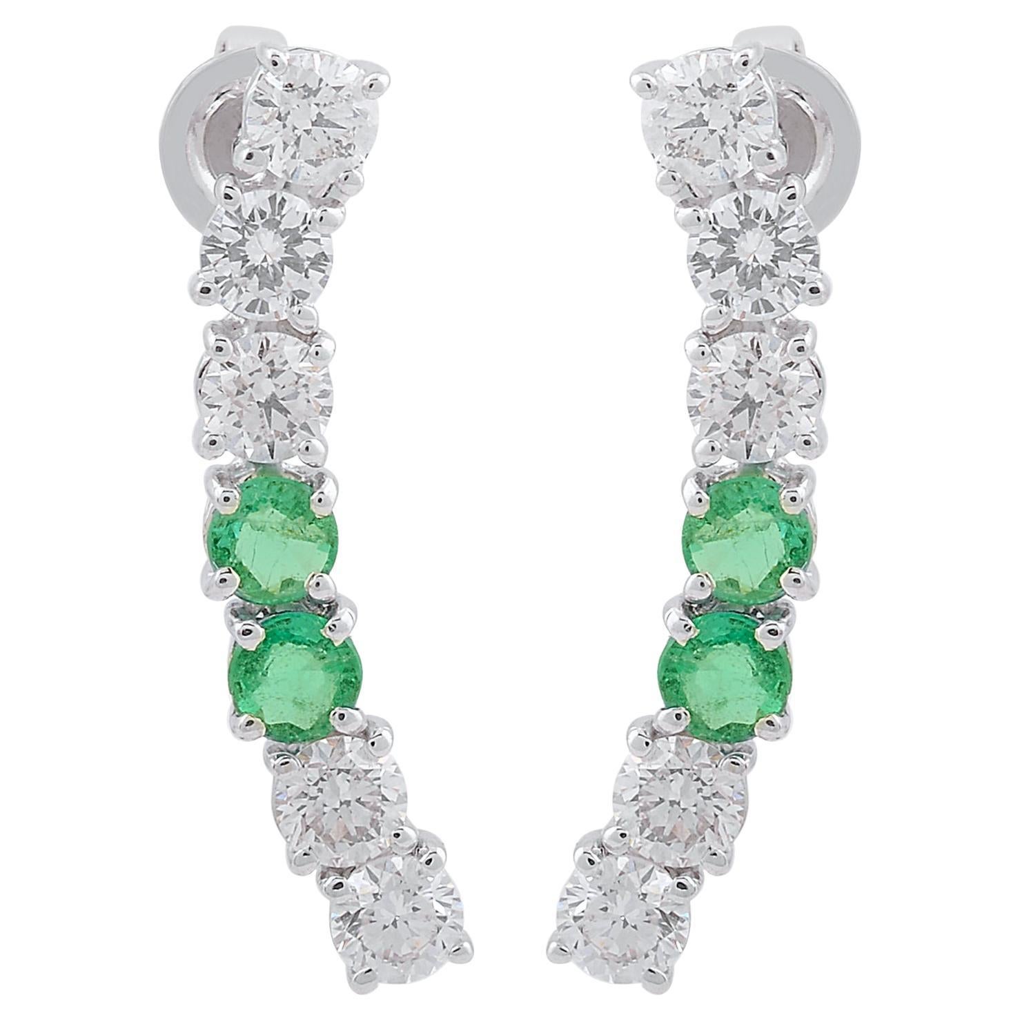 Pendientes de oro blanco de 18 quilates con esmeralda natural y barra curva de diamantes Joyería fina en venta