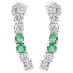Natural Emerald Diamond Curve Bar Stud Earrings 18 Karat White Gold Fine Jewelry