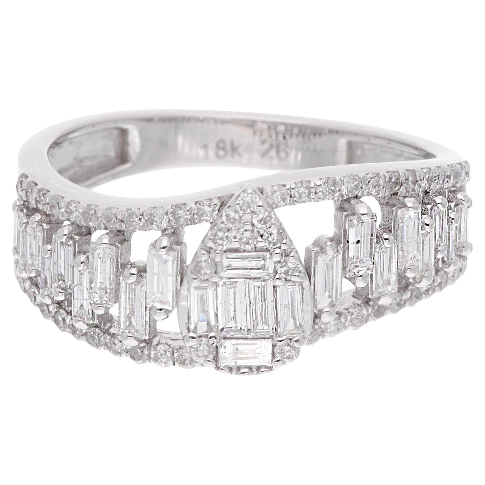 Real 0.73 Ct SI Clarity HI Color Baguette Round Diamond Ring 18 Karat White Gold