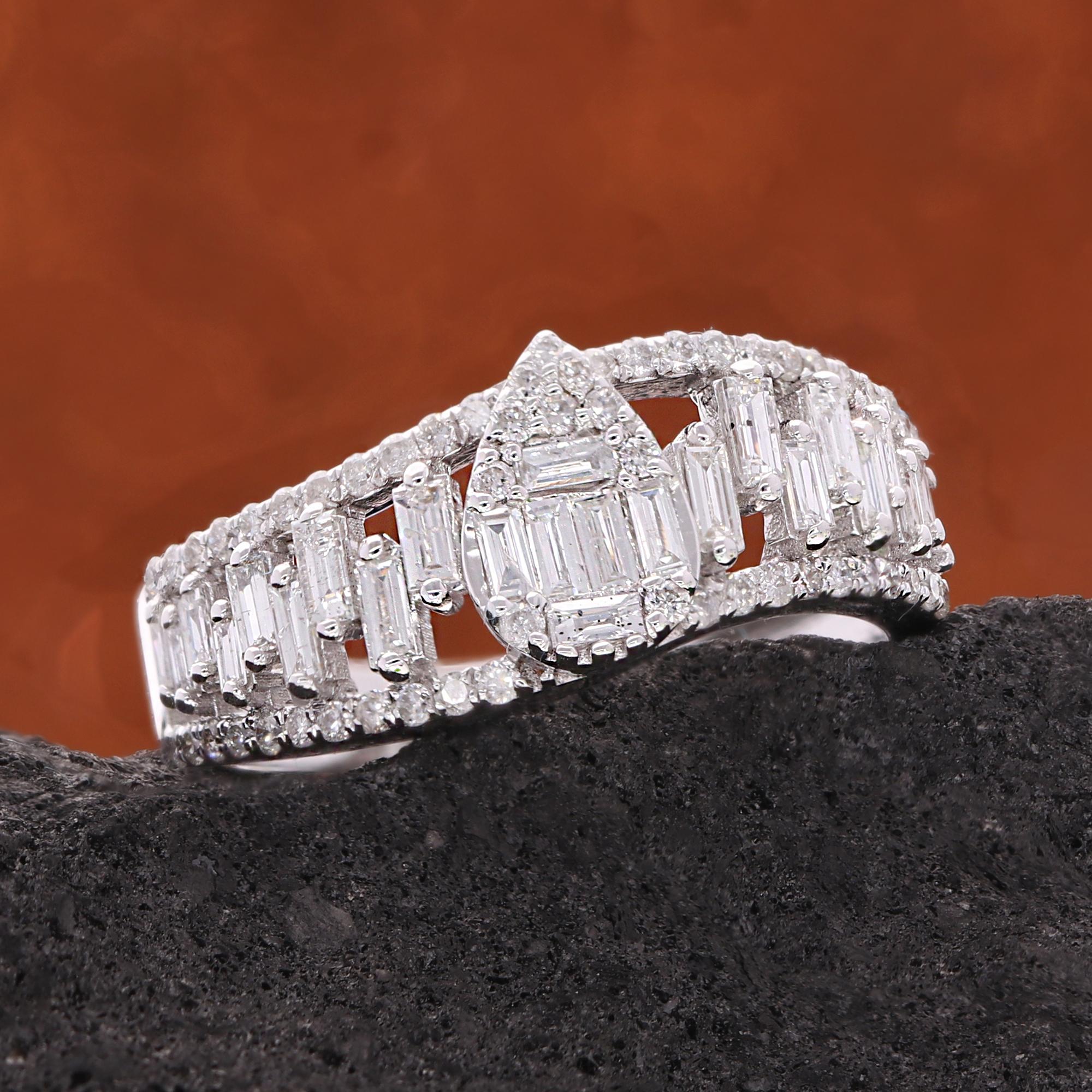 Im Angebot: Echter 0,73 Ct SI Reinheit HI Farbe Baguette Runder Diamantring 18 Karat Weißgold () 5