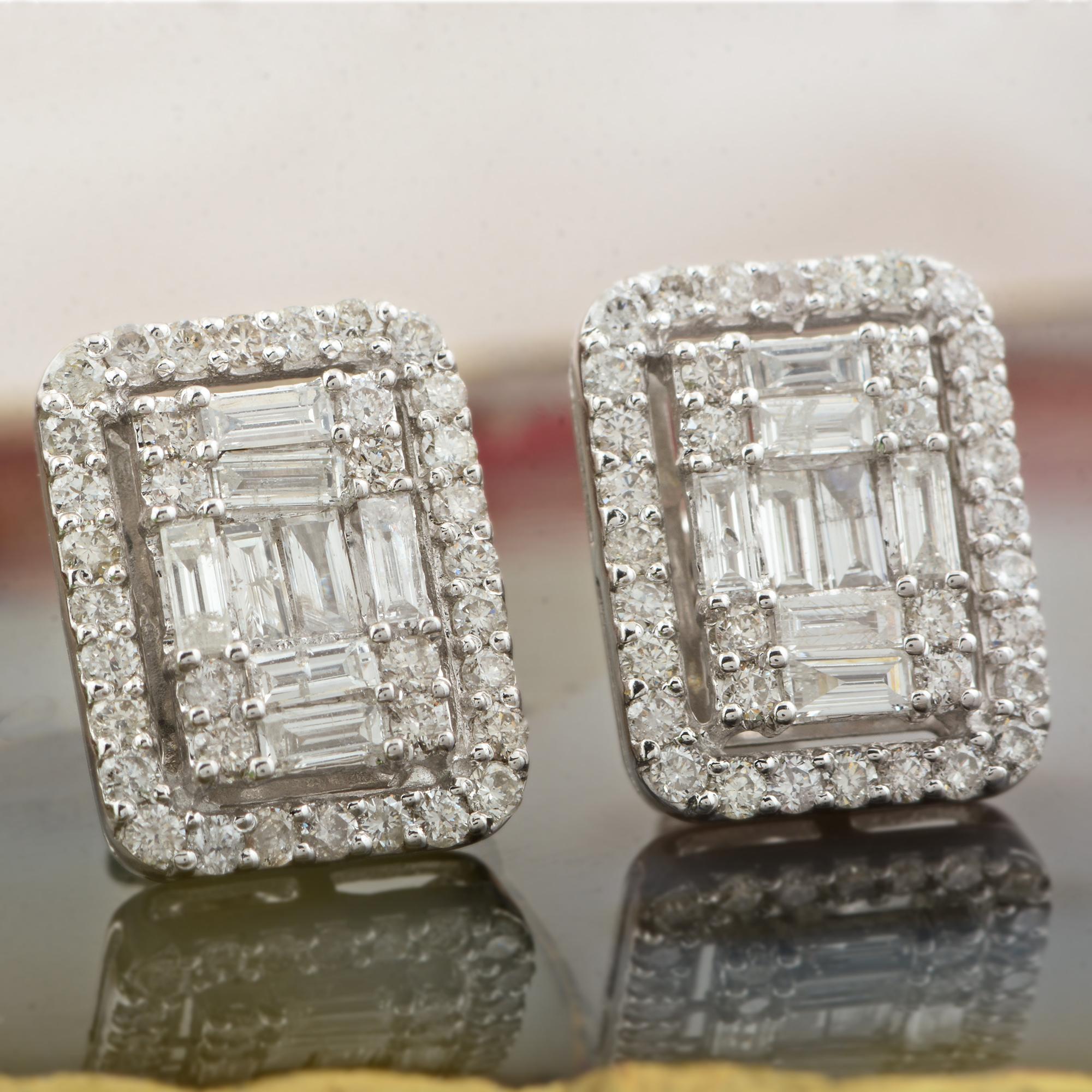 Moderne Nature 1.29 Carat SI/HI Baguette Diamond Rectangle Stud Ears 10k White Gold en vente