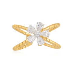 0.74 Carat SI/HI Pear & Round Diamond Criss Cross Cuff Ring 18 Karat Yellow Gold
