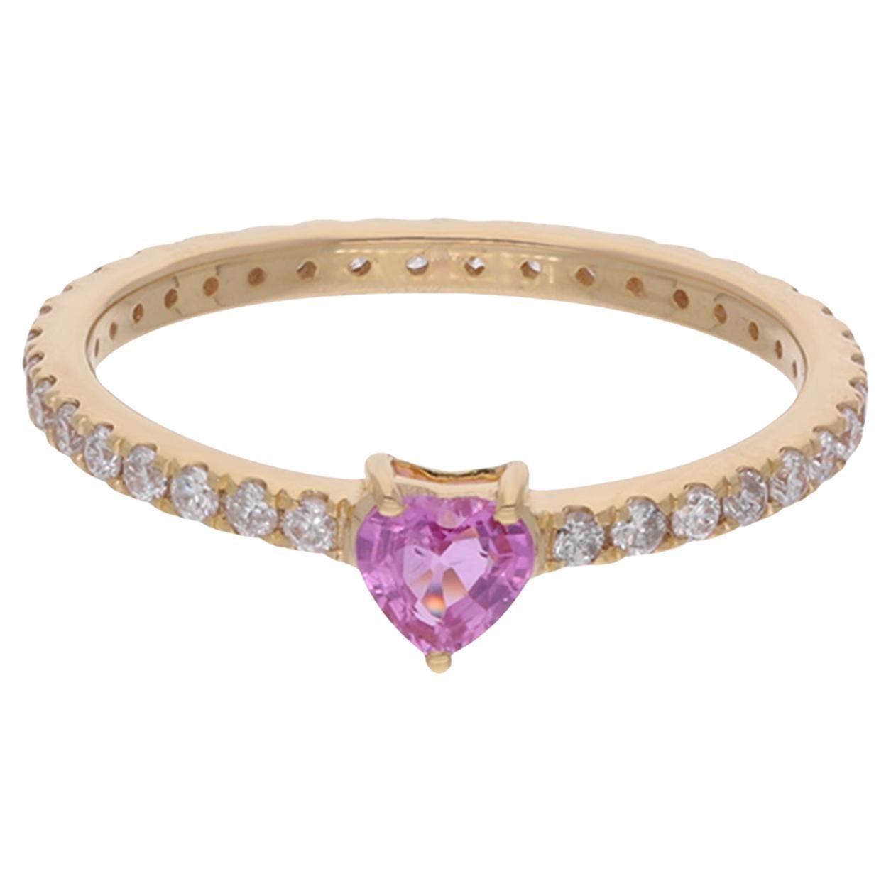 Anello a fascia con gemme rosa a forma di cuore, diamante, oro giallo 14 carati Gioielli fatti a mano