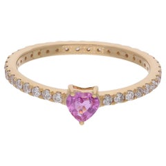 Anello a fascia con gemme rosa a forma di cuore, diamante, oro giallo 14 carati Gioielli fatti a mano