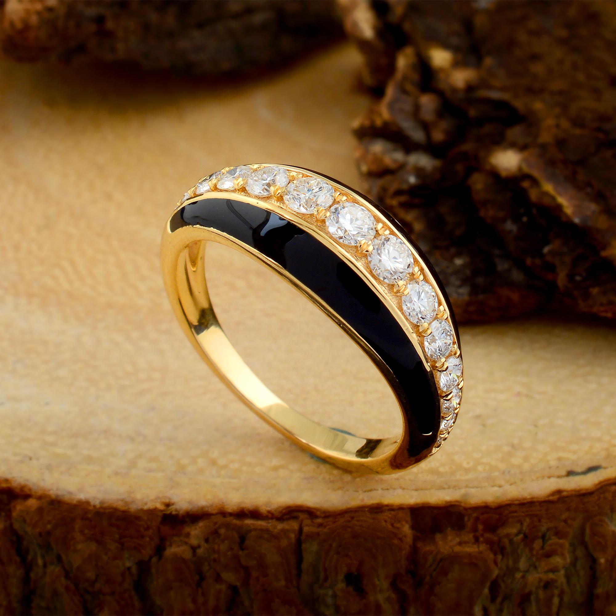 Moderno 0,60 Carati SI Chiarezza HI Colore Diamante Smalto Nero Anello Oro Giallo 18 Carati in vendita