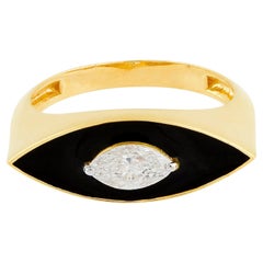 0.45 Ct Solitaire Diamond Evil Eye Ring 18k Yellow Gold Black Enamel Jewelry