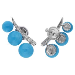 Natural Arizona Turquoise Ear Climber Fine Earrings Diamond 18 Karat White Gold
