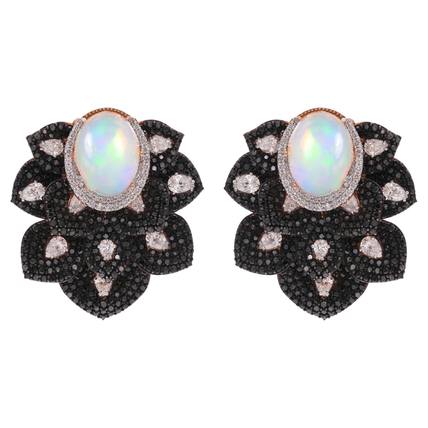 Orecchini con diamante bianco e nero Pietra preziosa opale Gioielli in oro rosa 18 carati in vendita