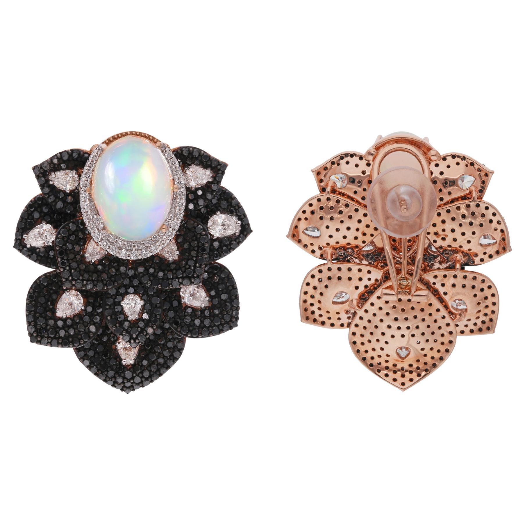 Pendientes de diamantes blancos y negros Piedra preciosa ópalo Joyas de oro rosa de 18 quilates