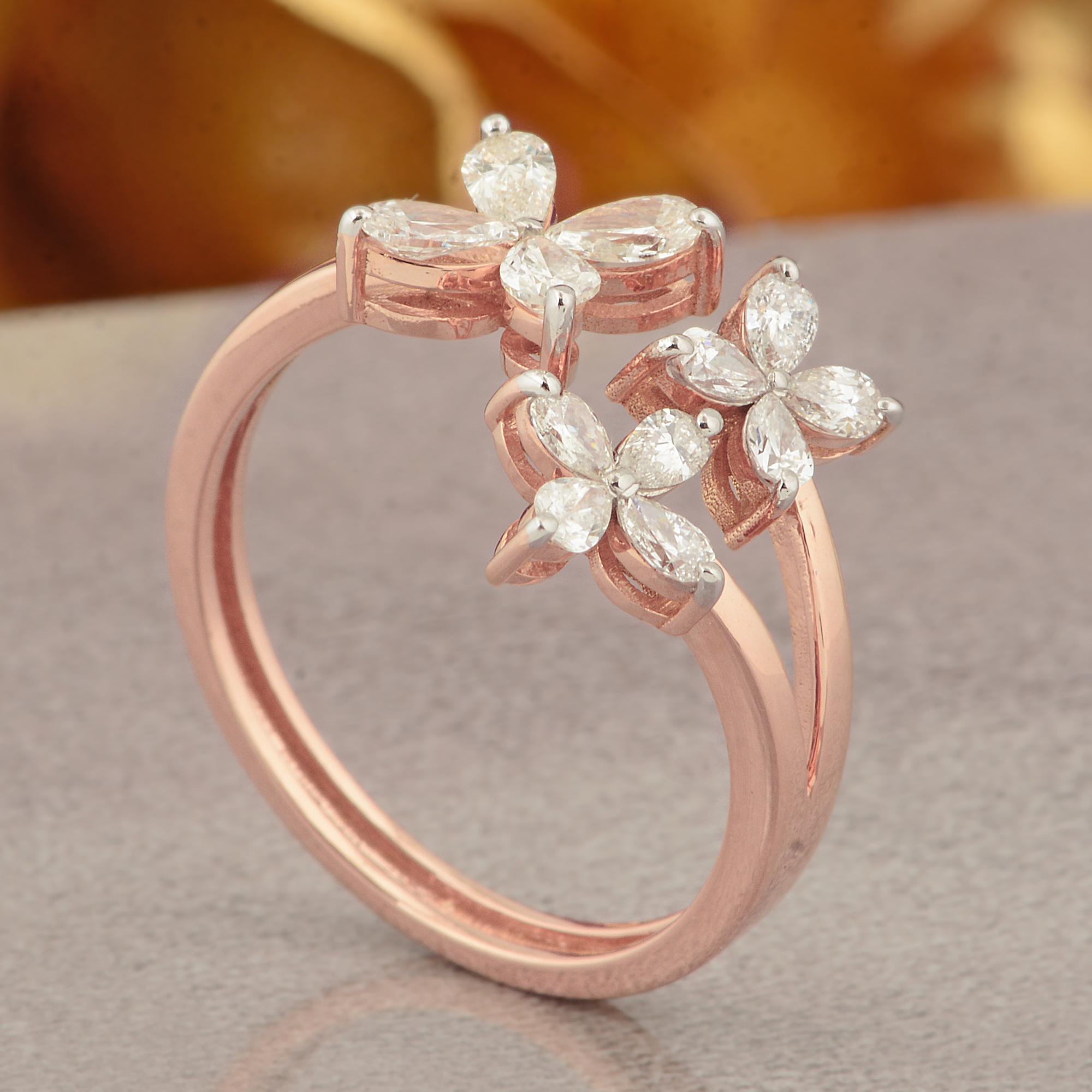 Taglio a goccia Anello con fiore di diamante a pera da 0,68 carati reali, purezza SI, colore HI, oro rosa 18 carati in vendita