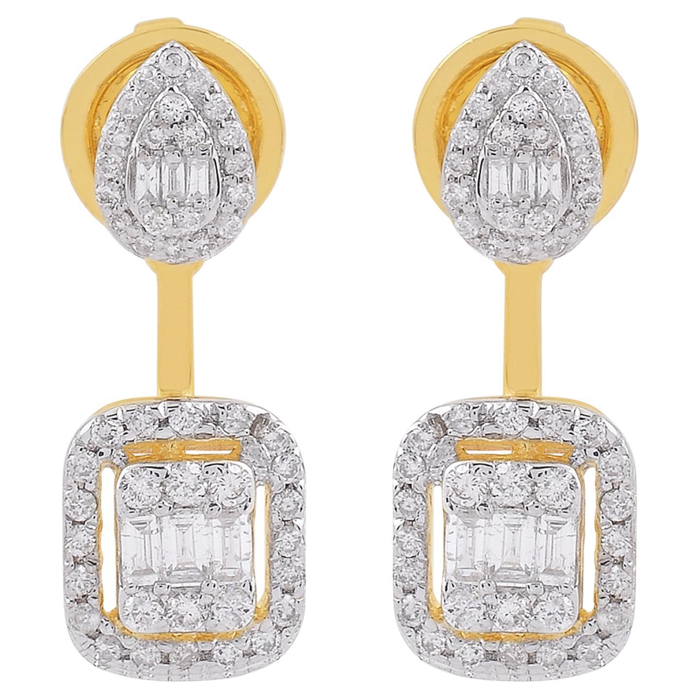 Nature 0.61 Carat Diamond Pave Jacket Earrings Solid 18k Yellow Gold Jewelry