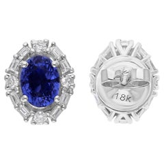 Genuine 2.05 CTW Oval Blue Sapphire Diamond Halo Stud Earrings in 18k White Gold