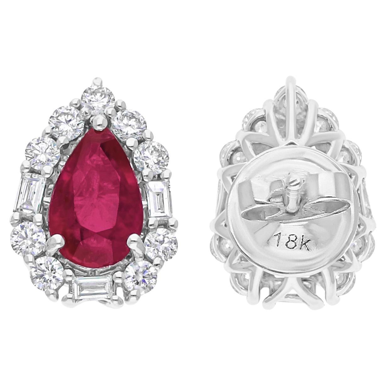 18k Weißgold Natürlicher Rubin Diamant Halo Birne Form Ohrstecker Geschenk für Sie