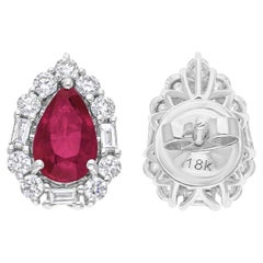 14k White Gold Natural Ruby Diamond Halo Pear Shape Stud Earrings Gift for Her