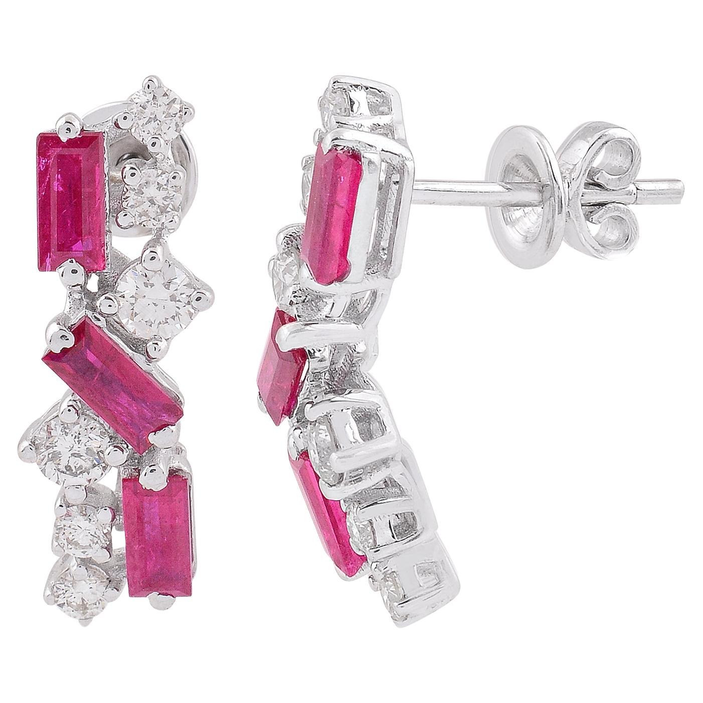 2.29 TCW Ruby Gemstone Diamond Earrings 14k White Gold Fine Handmade Jewelry For Sale