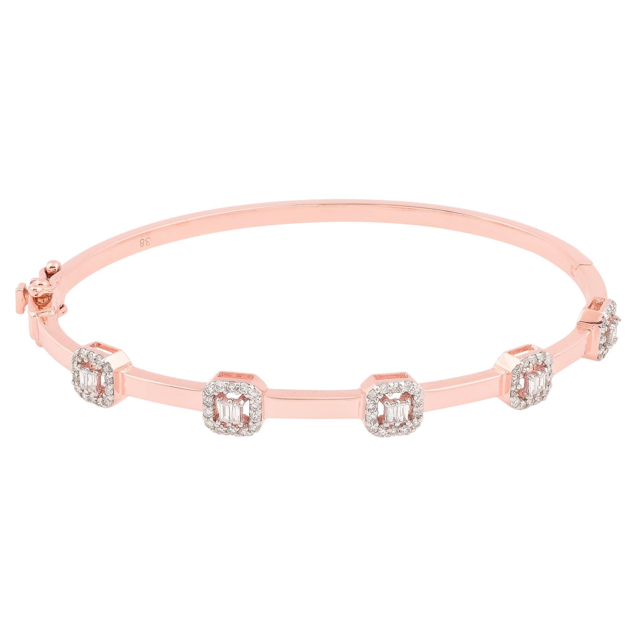 Bracciale con diamanti tondi e baguette da 0,47 carati Nature in oro rosa 14 carati in vendita