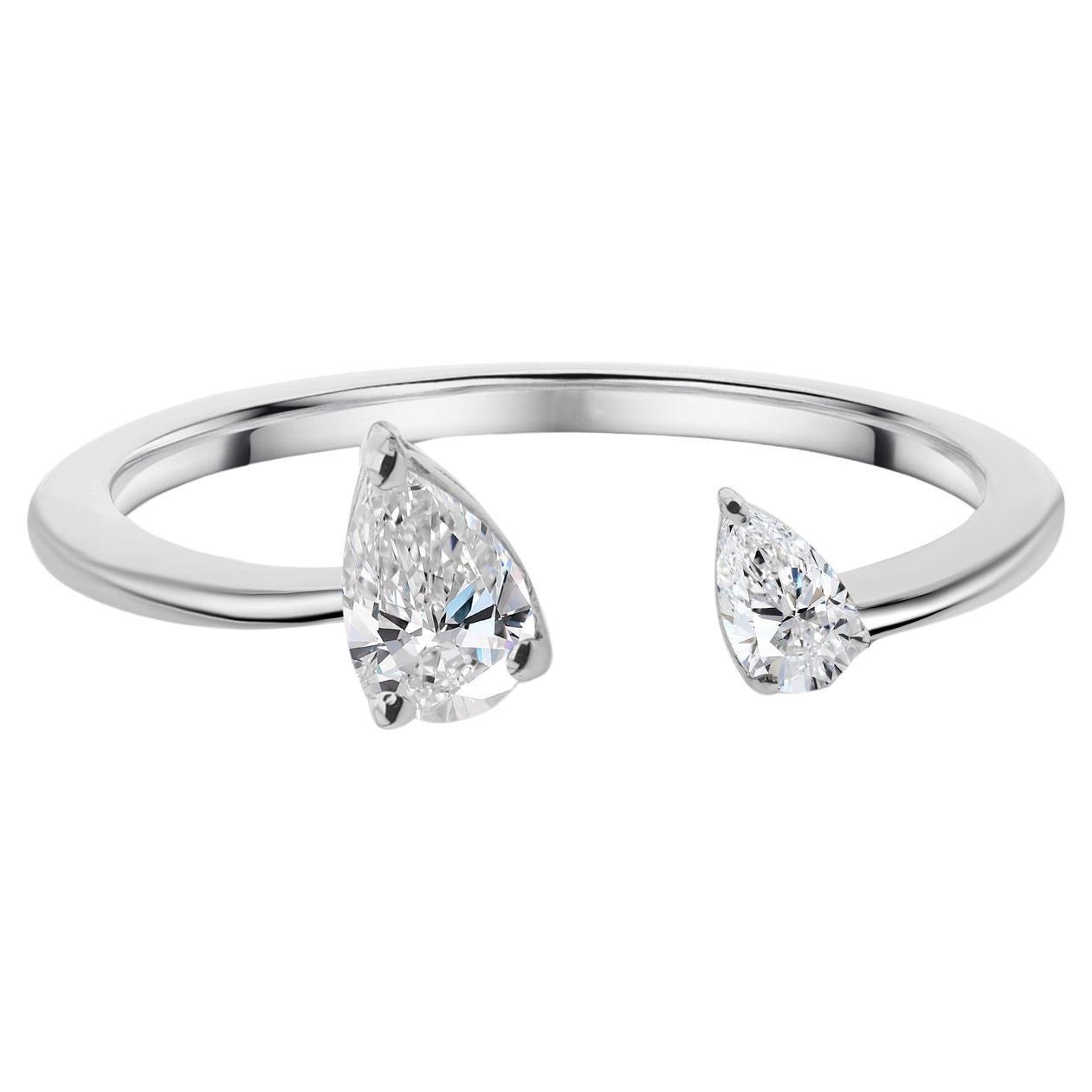 Two Stone Natural SI/H Pear Cut Diamond Open Cuff Ring 14K White Gold Jewelry