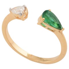 Natural Pear Zambian Emerald Gemstone Cuff Ring Diamond 18 Karat Yellow Gold