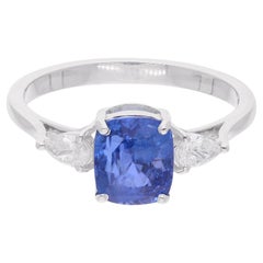 2.54 Carat Blue Sapphire Ring 0.22 Carat Pave Diamond 18 Karat White Gold