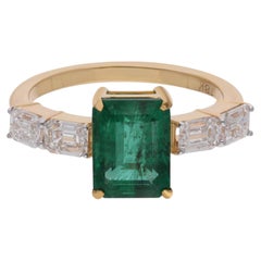 Zambian Emerald Gemstone Ring Emerald Cut Diamond 18 Karat Yellow Gold Jewelry