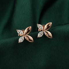 Natural Marquise Diamond 18k Rose Gold Petal Flower Stud Earrings