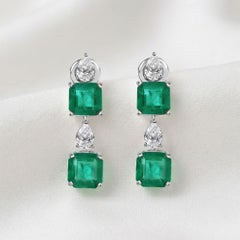 Natural Emerald-Cut Emerald & Pear Diamond Earrings 18 Karat White Gold